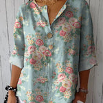 Retro Style Ditsy Rose Pattern Printed Women's Casual Cotton Linen Shirt