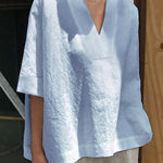 Women's V-neck Cotton And Linen Solid Colour Loose Mid-Sleeve Shirt