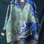 Women's Hand Painted Dark Blue Ocean Art Print Casual Cotton Shirt