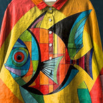 Geometric Tropical Fish Art Printed Women's Casual Cotton And Linen Shirt