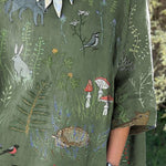 Woodland And Animals Repeat Pattern Printed Women's Casual Cotton And Linen Shirt