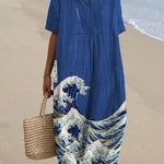 Japanese Ukiyo-e Wave Decorative Pattern Flowy Dress
