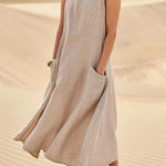 Women Sleeveless Sundress Elegant Round Neck Cotton Linen Solid Long Tank Casual Summer Dress