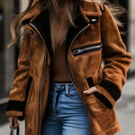 Women's Retro Zipper Contrast Color Suede Coat