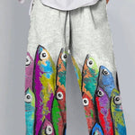 Funny Colorful Sardine Fish Art Printed Women's Cotton And Linen Casual Pants