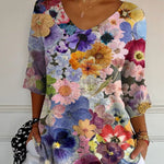 Women's Vintage Lovely Floral Art Print Casual Pullover Knit