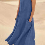 Women Sleeveless Sundress Elegant Round Neck Cotton Linen Solid Long Tank Casual Summer Dress