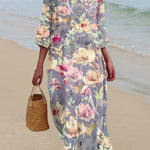 Women's Retro Purple Floral Print Pocket Cotton Dress