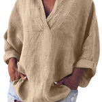 Women's Cotton and Linen V-neck Long-sleeved Pullover Top
