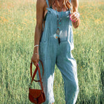 Women's Casual Cotton And Linen Stripe Pattern Printed Jumpsuit