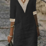 V-neck Mid-sleeved Cotton and Linen Casual Dress