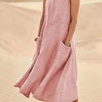 Women Sleeveless Sundress Elegant Round Neck Cotton Linen Solid Long Tank Casual Summer Dress