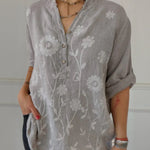 Women's Art Print Casual Cotton And Linen Henry Collar Shirt