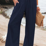 Women's Cotton and Linen Elasticated Waist-waisted Wide-leg Pants