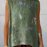 Woodland And Animal Pattern Printed Women's Casual  Cotton And Linen Tank Top