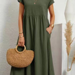 Women's Solid Color Cotton Linen Round Neck A-Line Dress