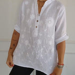 Women's Art Print Casual Cotton And Linen Henry Collar Shirt