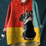 French Bulldog Looking Back In Front of Tricolor Background Casual Cotton And Linen Shirt