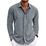 Men's Casual Solid Color Cotton Linen Lapel Slim Fit Long Sleeve Shirt