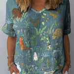 Women's Lovely Floral Animals Art Print Casual Cotton And Linen Shirt