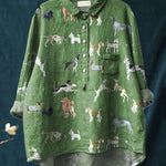 Vintage Lovely Dogs Art Print Casual Cotton And Linen Shirt