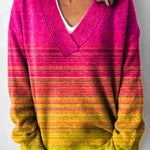 Colorful Ombre Art Printed Knit V-Neck Pullover Sweater