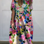 Colorful Spring Floral Garden Printed Women's Linen Cotton Buttons Dress