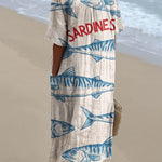 Women's Simple Blue Sardines Watercolor Splash Fluid Art Print Flowy Dress