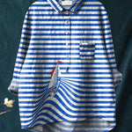 Funny Little Boat Art Printed Women's Casual Cotton And Linen Shirt