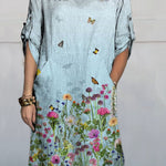 Women's Flowers Art Print Comfortable Linen Pocket Dress