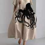 Women's Vintage Lovely Octopus Art Print Large Size Loose Elegant Casual Dress