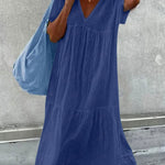 Women's V-Neck Short Sleeve Cotton And Linen Midi Dress