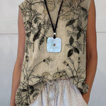 Women's Retro Elegant Floral Art Print Casual Cotton And Linen Tank Top