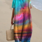 Oil Painting Sunset Scenery Art Printed Women's Flowy Dress