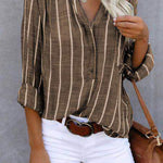 Women‘s Long Sleeve Blouse Ladies Fashion V-Neck Stripe Shirt