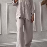 Casual solid color cotton and linen pants two-piece set