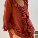 Women's Ruffles Casual Cotton And Linen 3/4 Sleeves Shirt
