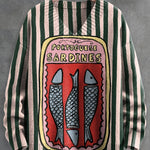 Men's V-neck Women's Green Striped Sardines Vintage Print Long Sleeve Sweater