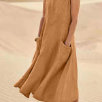 Women Sleeveless Sundress Elegant Round Neck Cotton Linen Solid Long Tank Casual Summer Dress
