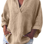 Women's Solid Color Cotton And Linen V-Neck Long Sleeve Blouse