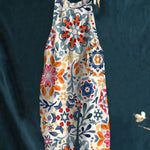Women's Vintage Lovely Floral Art Print Casual 100% Cotton Wide Leg Jumpsuit