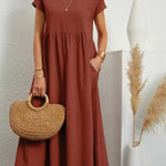Women's Solid Color Cotton Linen Round Neck A-Line Dress