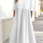 5-quarter Sleeve Casual Loose Solid Color Cotton and Linen Dress
