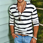 Men's Casual Striped Henley Collar Cotton Blend Long Sleeve T-Shirt