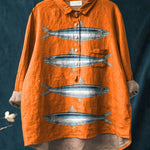 Vintage Lovely Fish Art Print Casual Cotton And Linen Shirt