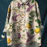 Vintage Lovely Birds Floral Art Print Casual Cotton And Linen Shirt