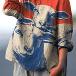 Women's Vintage Hand-Painted Lambs Print Casual Cotton And Linen Shirt
