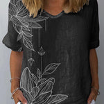 Line Drawing Water Lily Art Printed Women's Casual Cotton And Linen Shirt