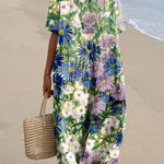 Women's Blue and Purple Chrysanthemum Floral Print Pocket Linen Dress
