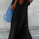 Women's V-Neck Short Sleeve Cotton And Linen Midi Dress